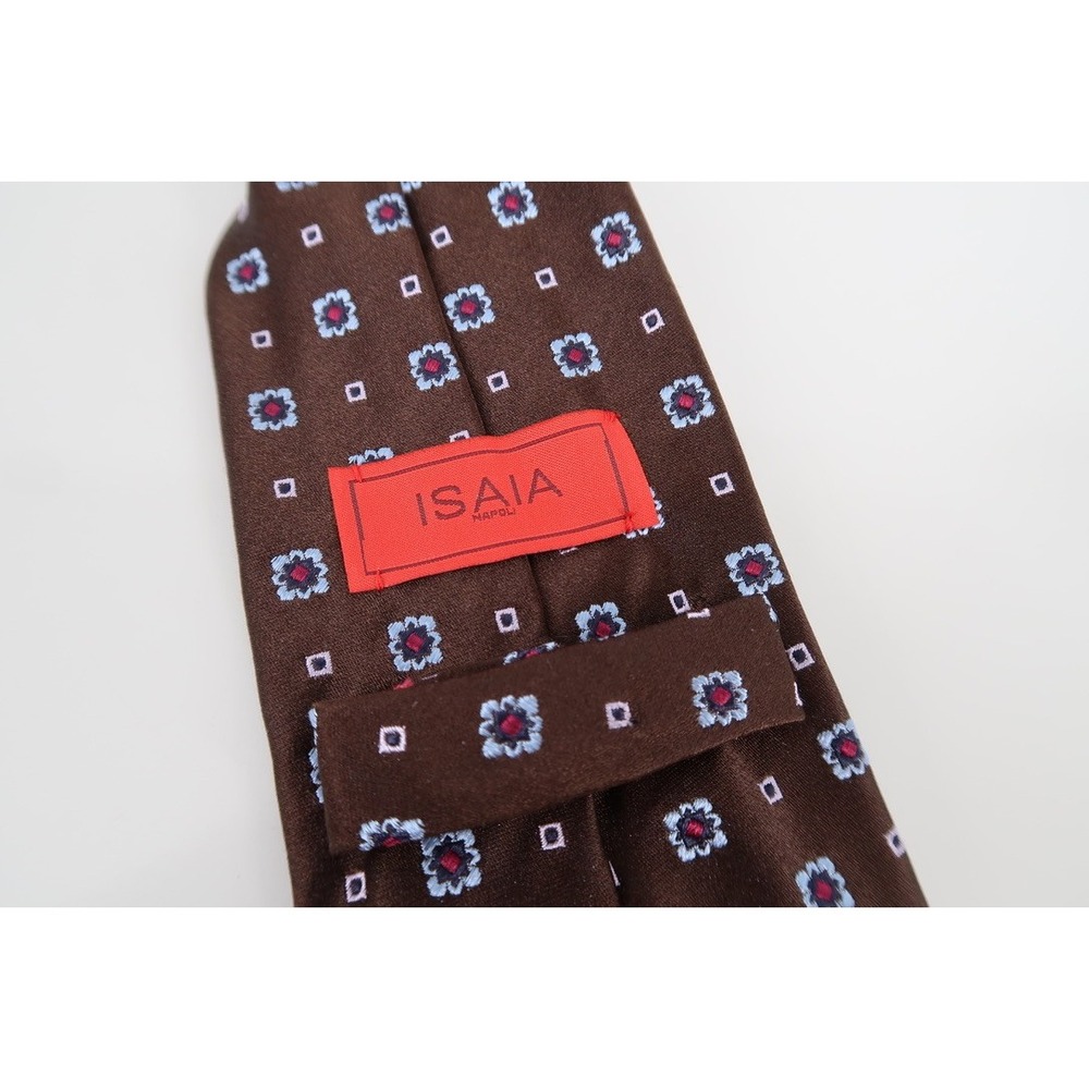Isaia Napoli Silk Tie Mens OS Brown Blue Floral Geometric 7-Fold Handmade Italy - Picture 2 of 10